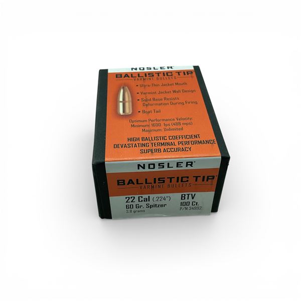 Nosler Ballistic Tip Varmint 22 Cal (.224"), 60 Grain Spitzer BTV Projectiles, 100 Qty