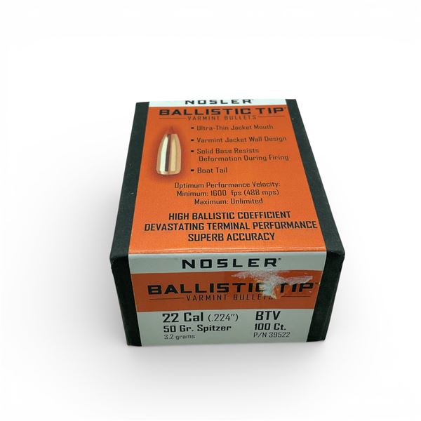 Nosler Ballistic Tip Varmint 22 Cal (.224"), 50 Grain Spitzer BTV Projectiles, 100 Qty
