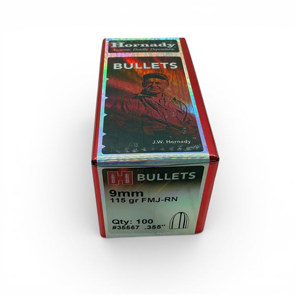 Hornady 9mm (.355"), 115 Grain FMJ-RN Projectiles, 100 Qty