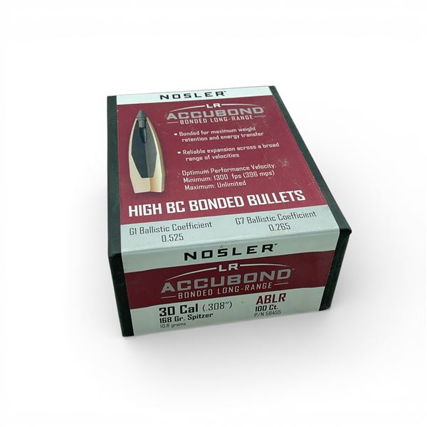 Nosler AccuBond Bonded Long-Range 30 Cal (.308"), 168 Grain Spitzer ABLR Projectiles, 100 Qty