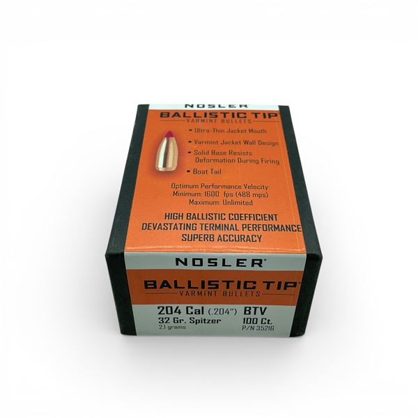 Nosler Ballistic Tip Varmint 204 Cal (.204"), 32 Grain Spitzer BTV Projectiles, 100 Qty