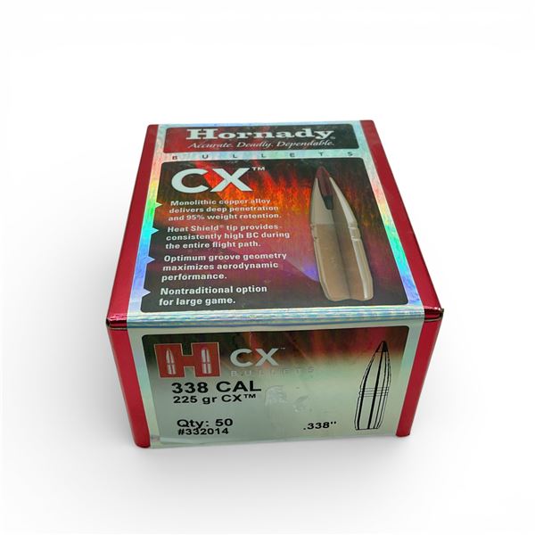Hornady 338 Cal (.338"), 225 Grain CX Projectiles, 50 Qty