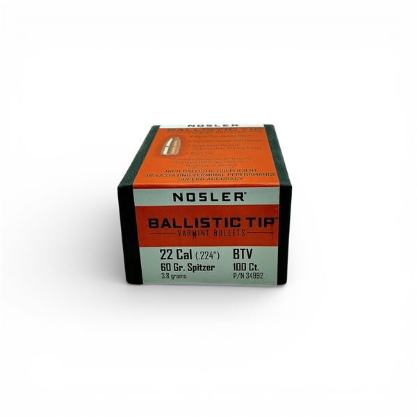 Nosler Ballistic Tip Varmint 22 Cal (.224"), 60 Grain Spitzer BTV Projectiles, 100 Qty