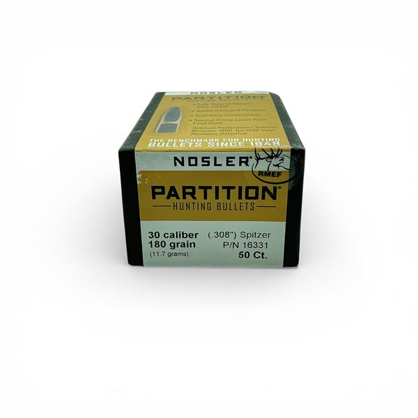 Nosler Partition Hunting 30 Cal (.308"), 180 Grain Spitzer Projectiles, 50 Qty