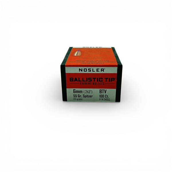 Nosler Ballistic Tip Varmint 6mm (.243"), 55 Grain Spitzer BTV Projectiles, 100 Qty