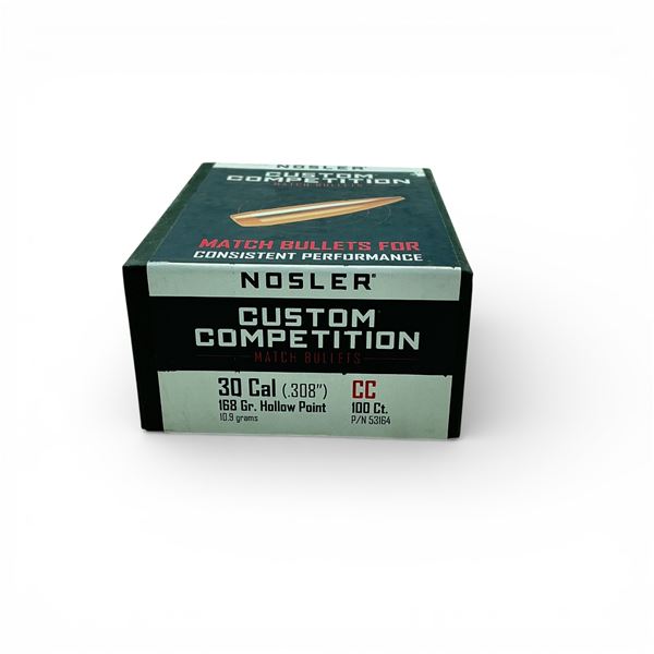 Nosler Custom Competition 30 Cal (.308"), 168 Grain Hollow Point CC Projectiles, 100 Qty