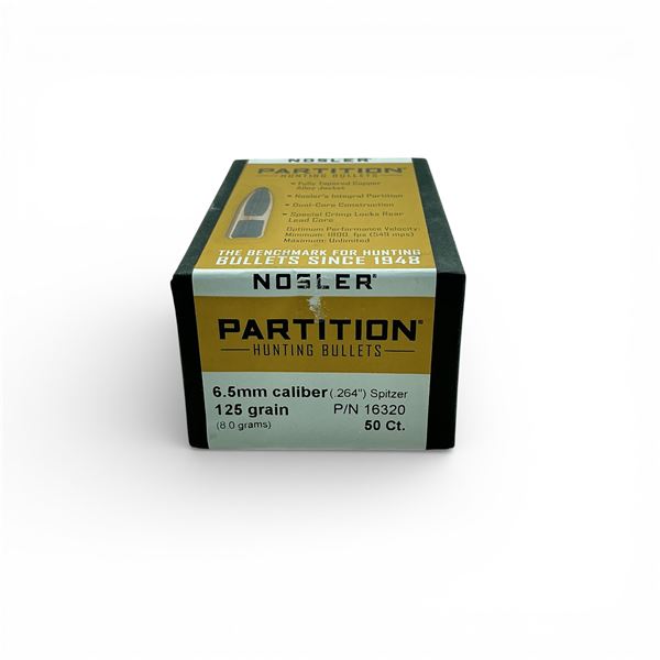 Nosler Partition Hunting 6.5mm Cal (.264"), 125 Grain Spitzer Projectiles, 50 Qty