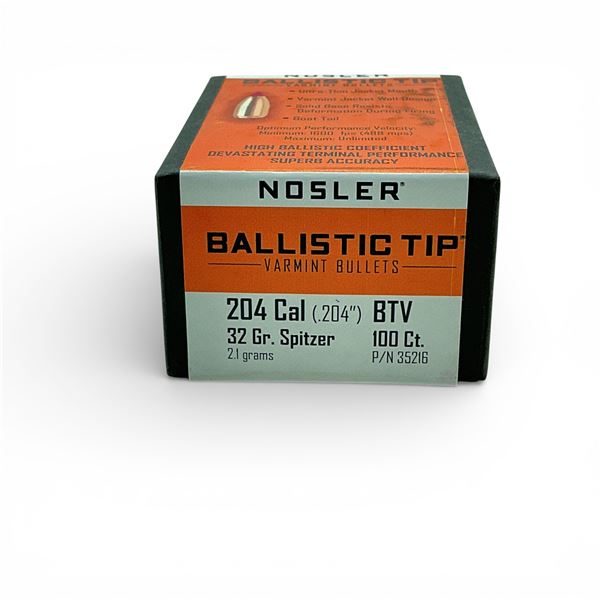 Nosler Ballistic Tip Varmint 204 Cal (.204"), 32 Grain Spitzer BTV Projectiles, 100 Qty