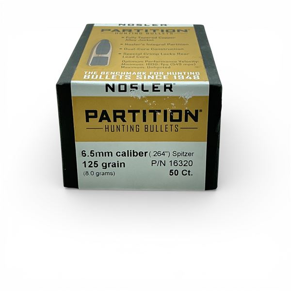 Nosler Partition Hunting 6.5mm Cal (.264"), 125 Grain Spitzer Projectiles, 50 Qty