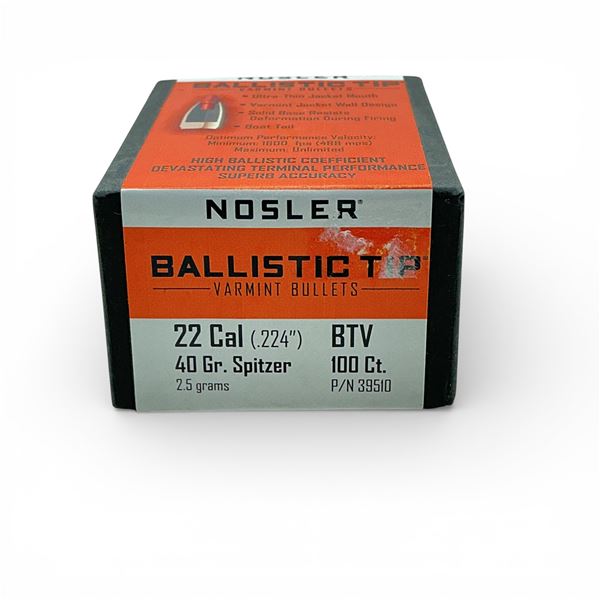 Nosler Ballistic Tip Varmint 22 Cal (.224"), 40 Grain Spitzer BTV Projectiles, 100 Qty