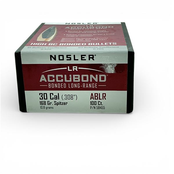 Nosler AccuBond Bonded Long-Range 30 Cal (.308"), 168 Grain Spitzer ABLR Projectiles, 100 Qty