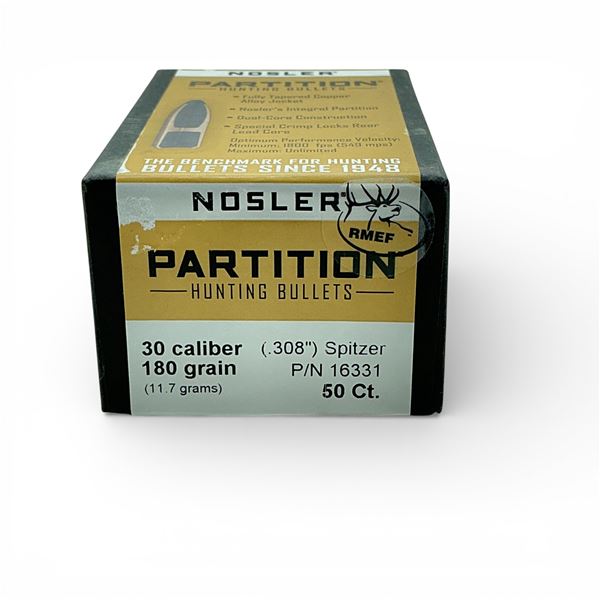 Nosler Partition Hunting 30 Cal (.308"), 180 Grain Spitzer Projectiles, 50 Qty