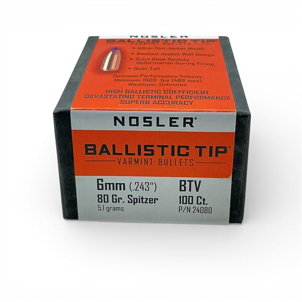 Nosler Ballistic Tip Varmint 6mm (.243"), 80 Grain Spitzer BTV Projectiles, 100 Qty