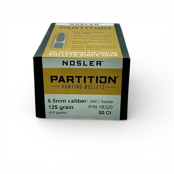 Nosler Partition Hunting 6.5mm Cal (.264"), 125 Grain Spitzer Projectiles, 50 Qty