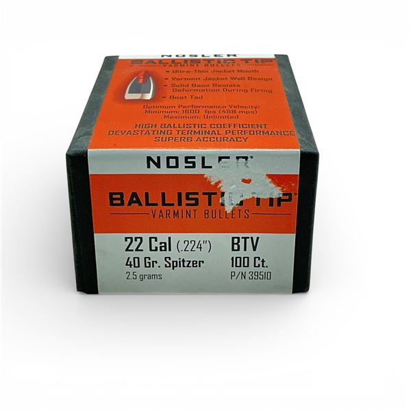 Nosler Ballistic Tip Varmint 22 Cal (.224"), 40 Grain Spitzer BTV Projectiles, 100 Qty