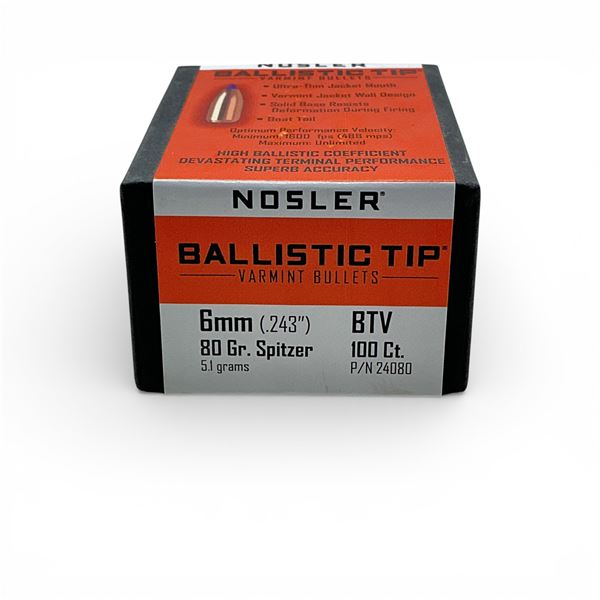 Nosler Ballistic Tip Varmint 6mm (.243"), 80 Grain Spitzer BTV Projectiles, 100 Qty