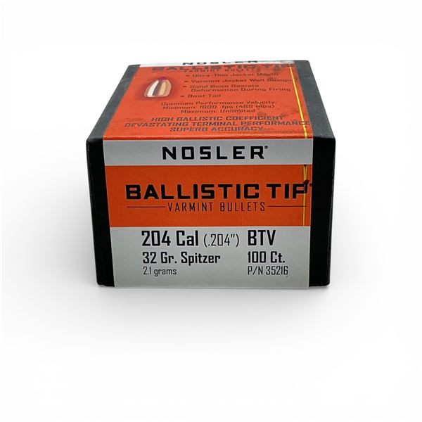 Nosler Ballistic Tip Varmint 204 Cal (.204"), 32 Grain Spitzer BTV Projectiles, 100 Qty