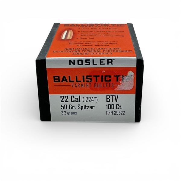 Nosler Ballistic Tip Varmint 22 Cal (.224"), 50 Grain Spitzer BTV Projectiles, 100 Qty