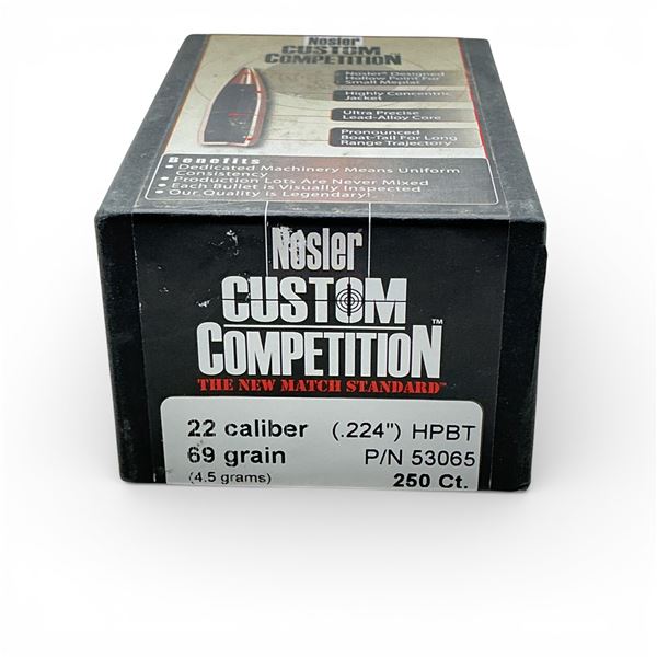Nosler Custom Competition 22 Cal (.224"), 69 Grain HPBT Projectiles, 250 Qty