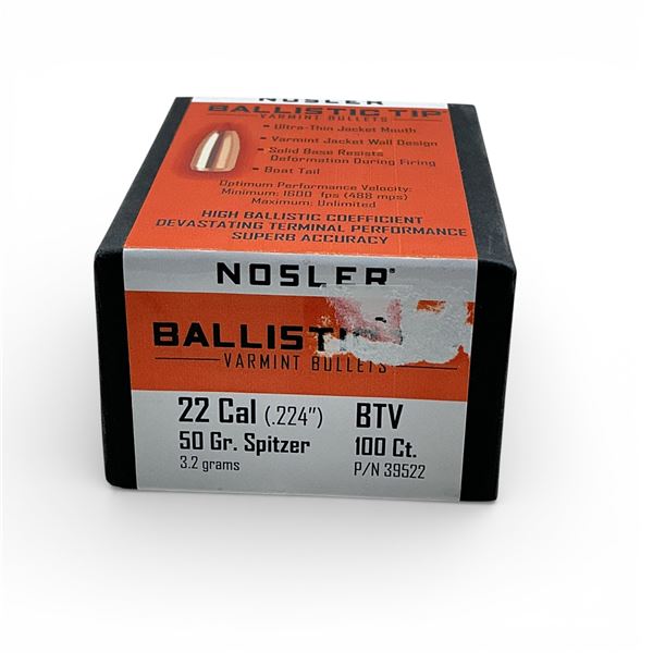 Nosler Ballistic Tip Varmint 22 Cal (.224"), 50 Grain Spitzer BTV Projectiles, 100 Qty