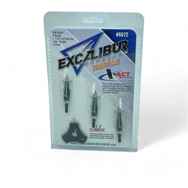 Excalibur X-Act 100 Grain 3-Blade Broadhead, 1-7/16" Cut, 3 Pack, New