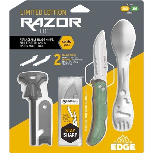 Outdoor Edge Combo Pack with 3" Razor Carry, Spork, Striker, New