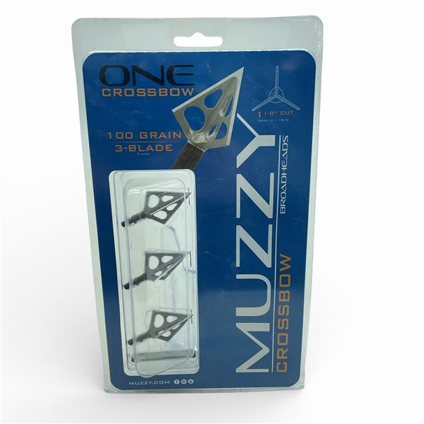 Muzzy One 100 Grain, 3-Blade Crossbow Broadheads, 1-1/8" Cut, 3 Pack, New