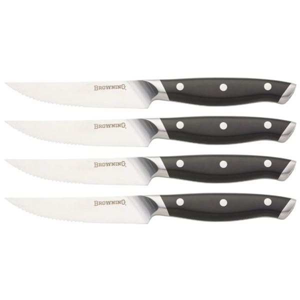 Browning Steak Knife 4 Piece Set with Leather Knife Roll Sheath, 4.25" Blade, New