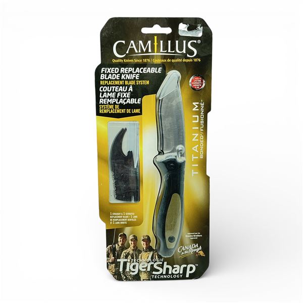 Camillus Tiger Sharp Titanium Bonded 3.35" Fixed Replaceable Blade Knife with Belt Sheath, New