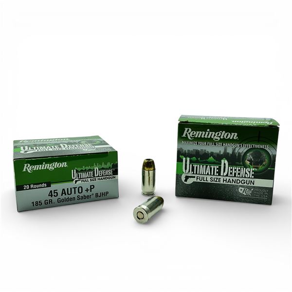 Remington Ultimate Defense 45 Auto+P. 185 Grain Golden Saber BJHP Ammunition, 40 Rounds