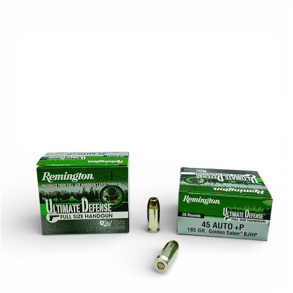 Remington Ultimate Defense 45 Auto+P. 185 Grain Golden Saber BJHP Ammunition, 40 Rounds