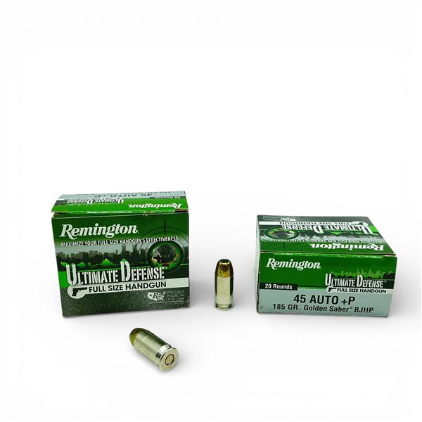 Remington Ultimate Defense 45 Auto+P. 185 Grain Golden Saber BJHP Ammunition, 40 Rounds