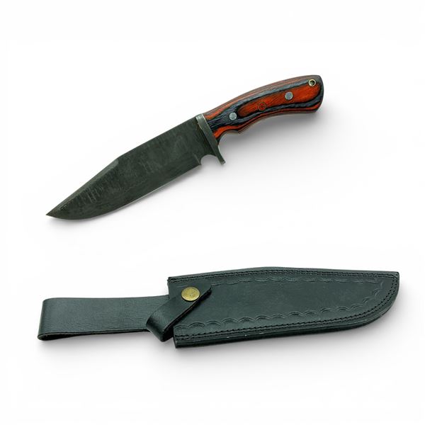 Fixed 7" Damascus Blade Knife with Orange Wood Handle and Leather Belt Sheath