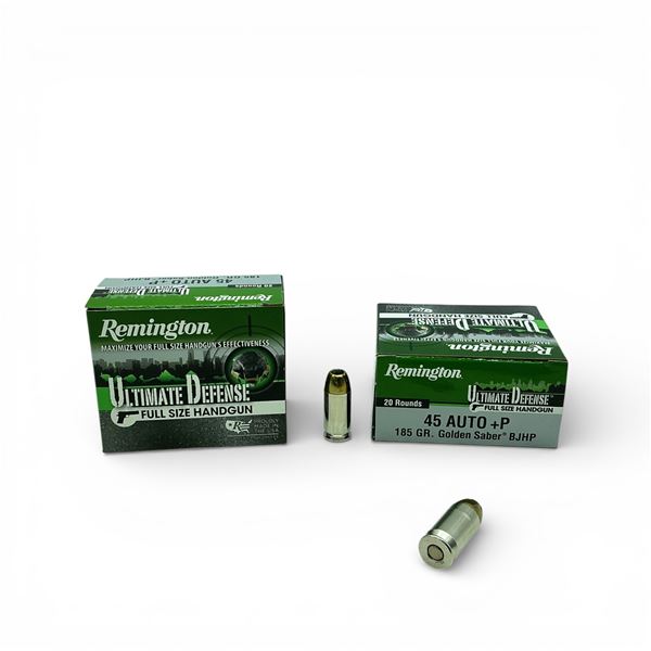 Remington Ultimate Defense 45 Auto+P. 185 Grain Golden Saber BJHP Ammunition, 40 Rounds