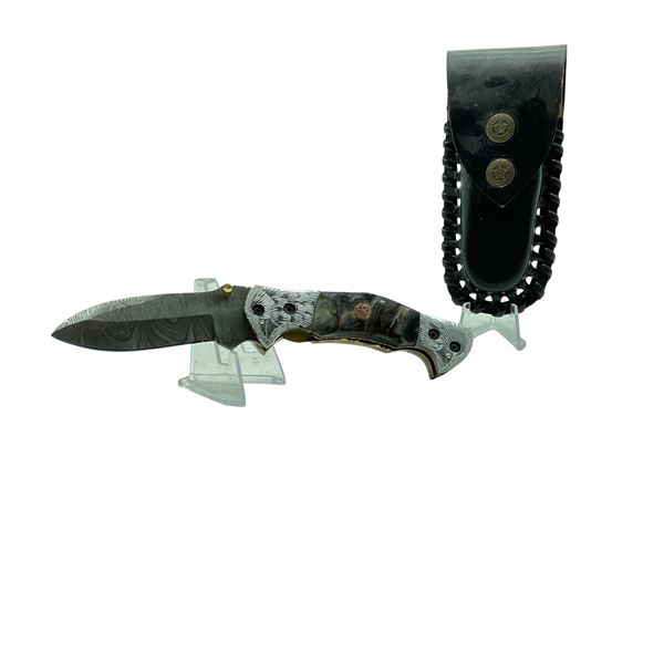 Folding 2 3/4" Damascus Blade Knife with Gold Accents and Leather Belt Sheath