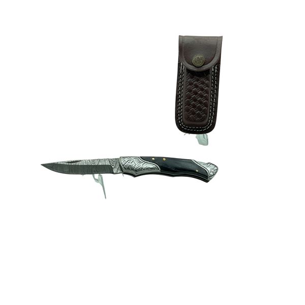Folding 2 3/4" Damascus Blade Knife with Leather Belt Sheath