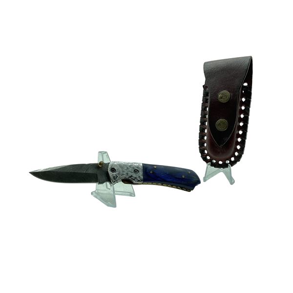 Folding 3" Damascus Blade Knife with Gold Accents, Leather Belt Sheath