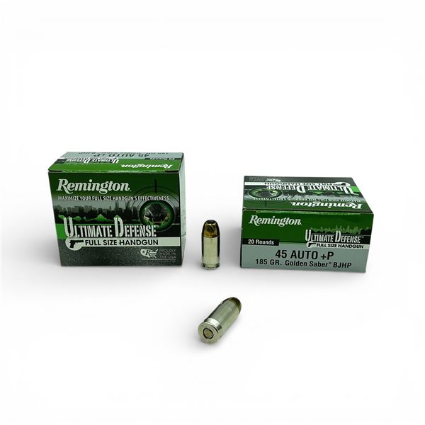 Remington Ultimate Defense 45 Auto+P. 185 Grain Golden Saber BJHP Ammunition, 40 Rounds