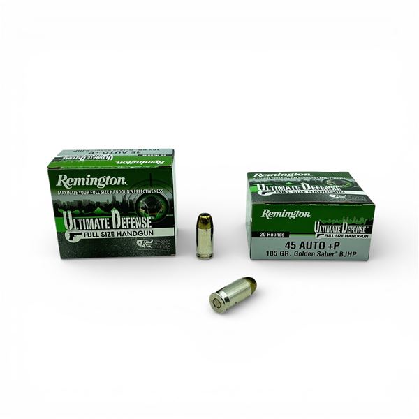 Remington Ultimate Defense 45 Auto+P. 185 Grain Golden Saber BJHP Ammunition, 40 Rounds