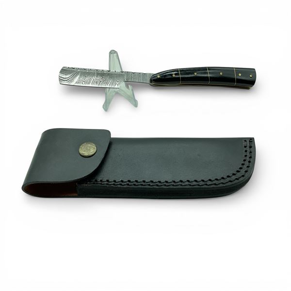 Folding 2 1/2" Damascus Straight Blade Razor in Leather Belt Sheath