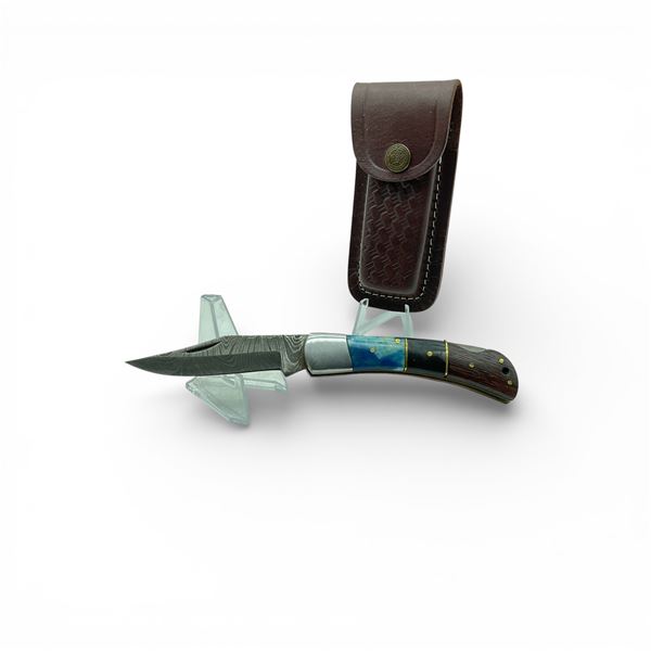Folding 3" Damascus Blade Knife with Bone and Wood Handle and Leather Belt Sheath