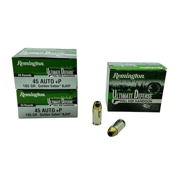 Remington Ultimate Defense 45 Auto+P. 185 Grain Golden Saber BJHP Ammunition, 60 Rounds