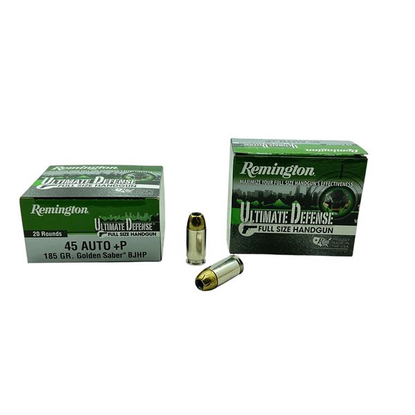 Remington Ultimate Defense 45 Auto+P. 185 Grain Golden Saber BJHP Ammunition, 40 Rounds