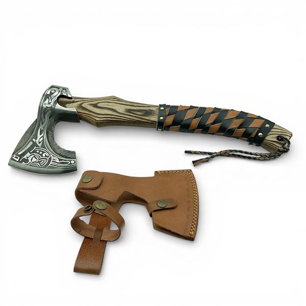 Fixed 5" Damascus Blade Axe with Leather Wrapped Wood Handle and Leather Sheath