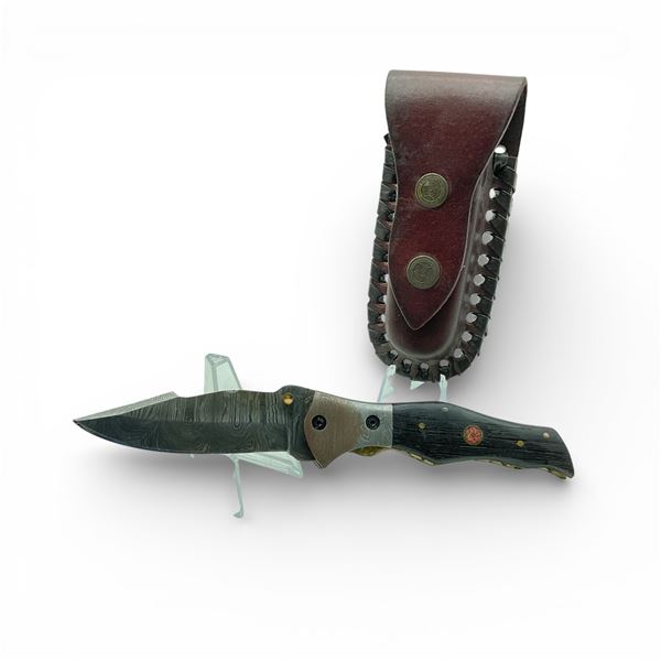 Folding 3 1/2" Damascus Blade Knife with Leather Belt Sheath