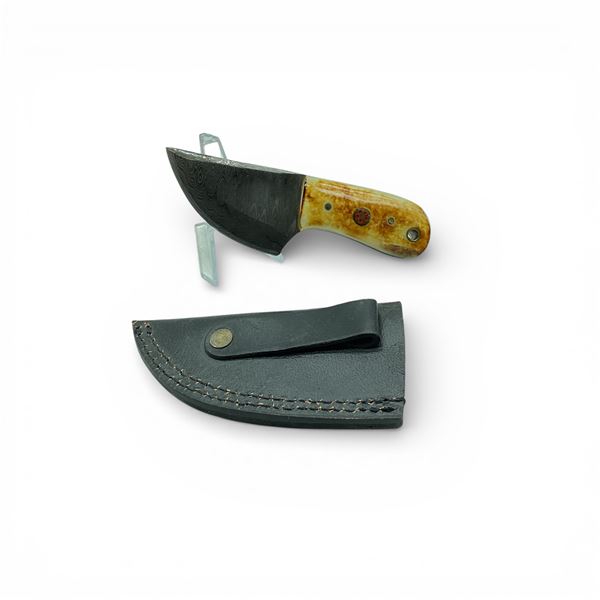 Fixed 2 3/4" Damascus Blade Knife with Bone Handle and Leather Belt Sheath