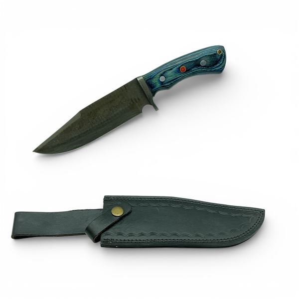 Fixed 7" Damascus Blade Knife with Wood Handle and Leather Belt Sheath
