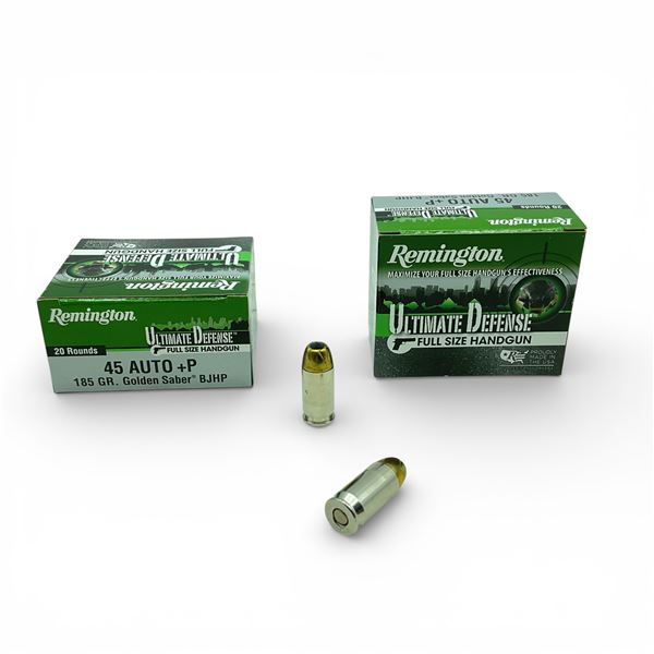 Remington Ultimate Defense 45 Auto+P. 185 Grain Golden Saber BJHP Ammunition, 40 Rounds