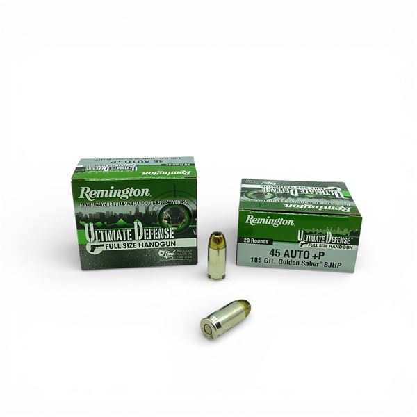 Remington Ultimate Defense 45 Auto+P. 185 Grain Golden Saber BJHP Ammunition, 40 Rounds