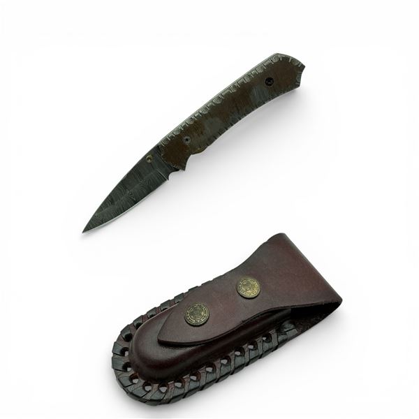 Folding 3" Damascus Blade Knife with Leather Belt Sheath